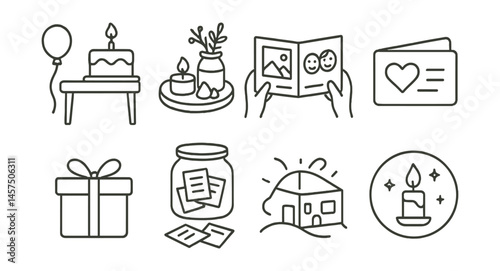 Line style icons of conscious celebration moments: simple birthday table, homemade decor tray, shared memory album, gift of time card, one present sign, gratitude notes jar, candle-light evening,