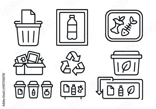 Line style icons of school waste separation: paper bin icon, plastic sort poster, food waste tray, e-waste box, recycling chart, compost bin sign, classroom bin labels, waste reduction board.