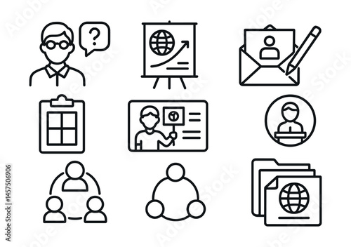 Line style icons of climate advocacy skills: ask the expert icon, policy poster board, write to leader symbol, campaign planning worksheet, youth petition card, presentation microbadge, outreach
