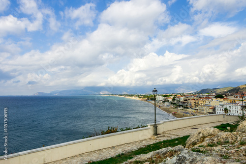 beautiful seascape. view of the Mediterranean Sea and the coast of Italy. Sperlonga, Lazio, Italy. Famous tourist destination