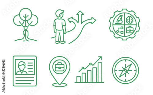 Line style icons of climate and career exploration: green job tree, youth future pathway, career fields badge, skill-to-action chart, meet a professional card, intern opportunity pin, career talk