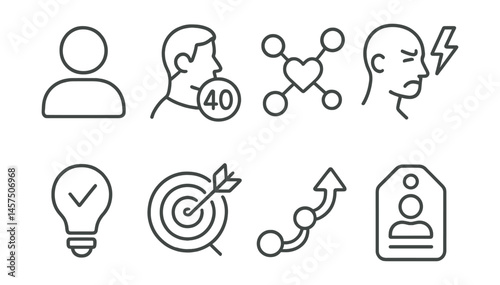 Line style icons of marketing personas: avatar icon, age demo, interest graph, pain point, solution match, target fit, buyer journey, profile tag.