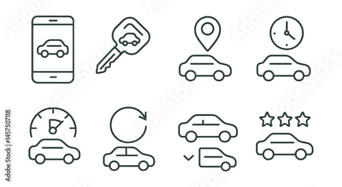Line style icons of car-sharing systems: booking app, car key icon, pick-up point, drive hour, fuel level, return spot, vehicle availability, ride rating.