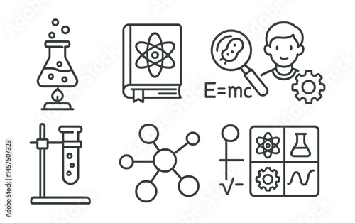 Line style icons of science education: lab experiment, science book, equation board, discovery icon, test setup, molecule model, student gear, STEM symbol.