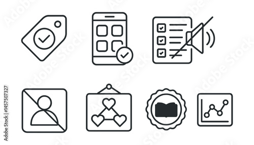Line style icons of content filtering habits: quality over quantity tag, app audit screen, curated content list, block the noise icon, unfollow distraction sign, interest alignment board, “learn not