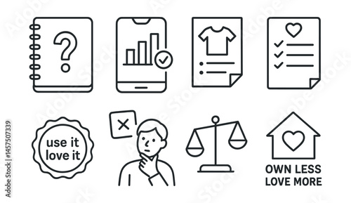 Line style icons of youth reflection on habits: “why I buy” journal, screen time values chart, slow fashion plan, wishlist with purpose sheet, use it love it badge, reflect before next card, balance
