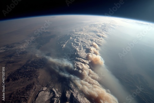 Dramatic aerial view showcases wildfire smoke plume traveling across vast desert landscape, viewed from space showing Earth's curvature