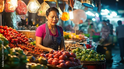 Vibrant street market scene: A merchant arranging fresh produce at her stall