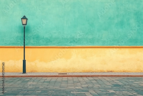 Vibrant street scene with a lamppost, two-toned wall, and paving stones.  Colorful exterior, vintage feel