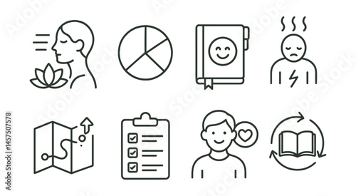 Line style icons of teacher wellbeing goals: “breathe first” plan, work-life pie chart, joy journal tracker, burnout early signs icon, growth not perfection map, wellbeing goals list, teacher-first