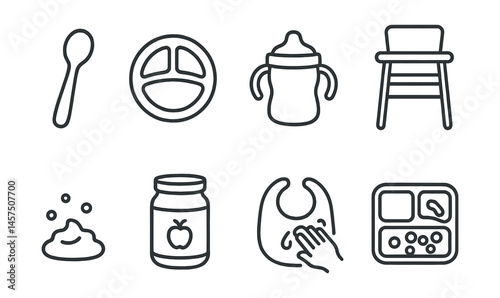 Line style icons of mealtime with kids: baby spoon, toddler plate, sippy cup, high chair, food mess icon, puree jar, bib cleaning, snack box.