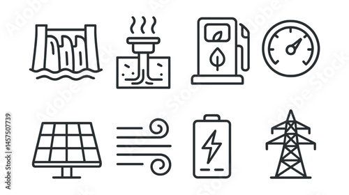 Line style icons of energy sources: hydro power icon, geothermal well, biofuel plant, efficiency meter, thermal panel, wind map, electric battery, clean grid.
