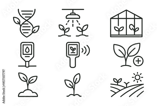 Line style icons of agricultural science: plant gene, irrigation nozzle, greenhouse panel, soil meter, crop scanner, leaf health, seedling icon, eco field.