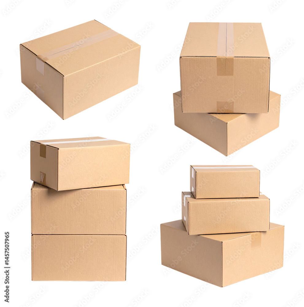 Fototapeta premium Cardboard Boxes with Adhesive Surfaces for Packaging and Storage, Isolated on Transparent Background