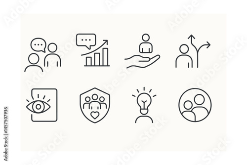 Line style icons of leadership and coaching: 1-on-1 icon, growth feedback, support hand, decision path, clarity card, team values, inspire symbol, mentorship ring.