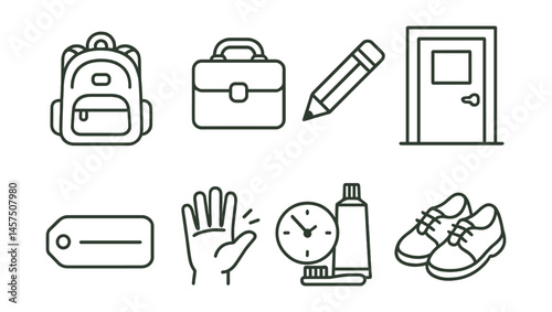 Line style icons of school readiness: backpack, lunchbox, pencil icon, classroom door, name label, goodbye wave, morning prep, school shoes.