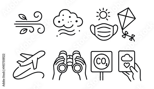 Line style icons of air and sky vocabulary: clean breeze swirl, dirty air alert, mask for bad air, kite with clear sky, airplane cloud line, skywatch binoculars, carbon meter sign, look up and care