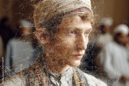 Young Adult with Geometric Plexus Overlay, Wearing Traditional Headwear, Looking Away, Conceptual Technology and Connectivity