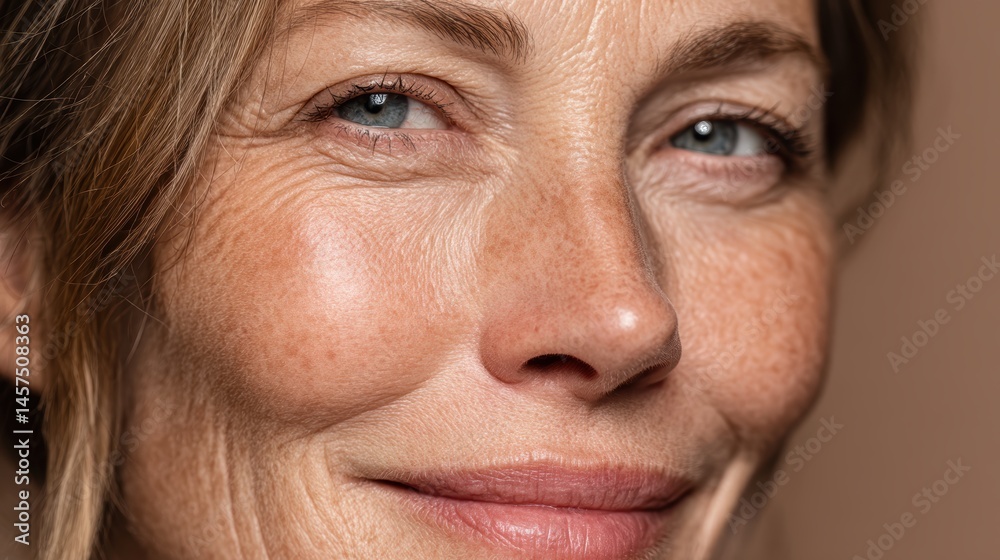 Gorgeous middle-aged woman with a flawless complexion and natural makeup, smiling gently at the camera with her healthy, glowing skin Gorgeous middle-aged woman with a flawless complexion and natural makeup, smiling gently at the camera with her healthy, glowing skin