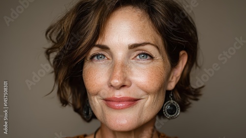 Portrait of a beautiful, confident older woman with brunette hair, smiling at the camera, showing her love for skincare and beauty