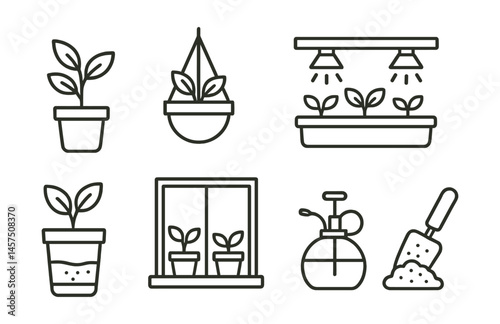 Line style icons of indoor gardening: potted plant, hanging planter, grow light, hydroponic tray, self-watering pot, window garden, plant mister, soil scoop.
