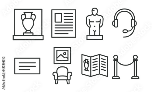 Line style icons of museum-level exhibitions: historic artifact case, wall-mounted text block, large sculpture plinth, guided headset, archival label, period setting icon, museum brochure, queue