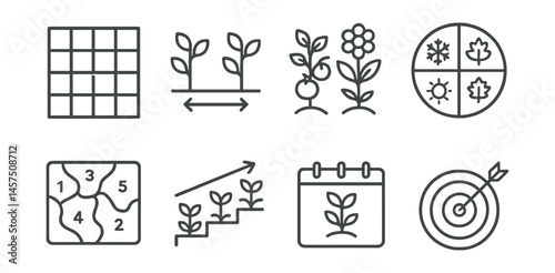 Line style icons of garden planning: grid layout, plant spacing, companion icons, season chart, zone map, succession icon, planting calendar, garden goal.