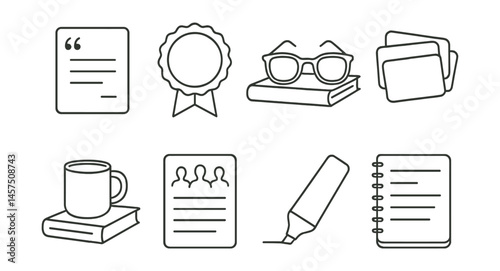 Line style icons of adult book group moments: literary quote card, “host this month” pin, reading glasses on book, topic card stack, coffee cup and book, shared discussion sheet, highlight marker