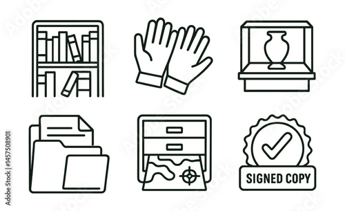 Line style icons of special collections: rare book shelf, archive gloves icon, display case symbol, preservation tag, historic document folder, map drawer, signed copy badge, restricted section label