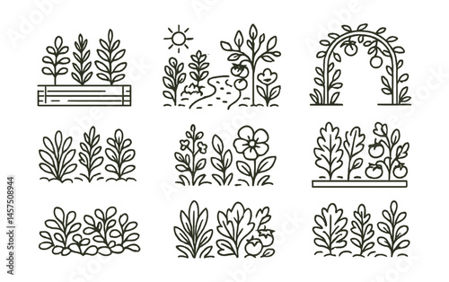 Line style icons of edible landscaping: herb border, veggie patch path, edible hedge, fruit arbor, dual-purpose bed, beautiful edible, groundcover greens, mix planting.