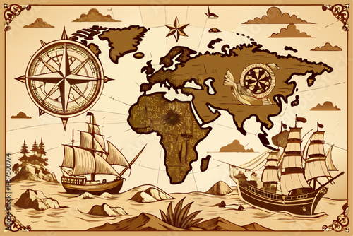 The image shows a vintage world map with a compass and sailing ships, evoking a sense of exploration and adventure.