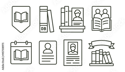 Line style icons of literature in libraries: genre sticker tag, book spine with code, literary classics display, book club section icon, storytime calendar, reader shelf card, library author event