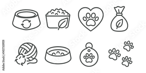 Line style icons of sustainable pets: reusable bowl, natural litter, adoption heart, compostable bag, toy reuse, slow feed, pet tag, paw print trail.