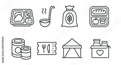 Line style icons of food relief: meal tray, soup ladle, rice sack, packed lunch, canned goods, food voucher, distribution tent, hunger relief box.