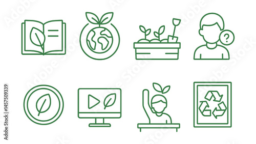 Line style icons of green education: eco workbook, earth day badge, school garden, student quiz, nature club, environmental video, class challenge, recycling poster.