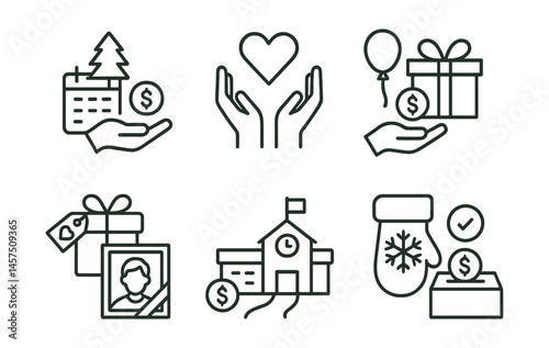 Line style icons of giving occasions: year-end giving, giving Tuesday, birthday donation, wedding registry gift, in memory icon, school fundraiser, workplace match, holiday drive.