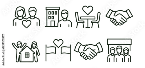 Line style icons of charitable partnerships: nonprofit collaboration, corporate support, sponsor table, joint action, co-branded sign, handshake icon, community partner, shared banner.