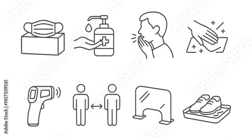 Line style icons of infection prevention: mask box, sanitizer icon, cough etiquette, surface wipe, contactless thermometer, safety distance, sneeze guard, clean shoes tray.