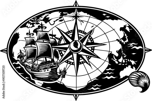 The image is a black and white illustration featuring a compass rose at the center, overlaid on a stylized world map with a sailing ship on one side and a seashell on the other, all enclosed within an