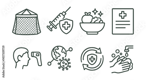 Line style icons of disease prevention: mosquito net, vaccine symbol, clean food, health info sheet, fever check, infection tracker, prevention cycle, soap and water.