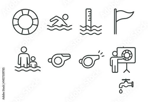 Line style icons of water safety: life ring, swim zone icon, depth marker, warning flag, supervised swim, whistle signal, safety briefing, clean water point.