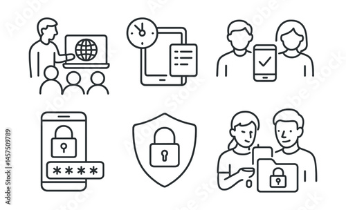 Line style icons of cyber safety education: youth internet lesson, screen time plan, family tech guide, strong password tip, safe app use, privacy badge, mindful tech use, data safety.