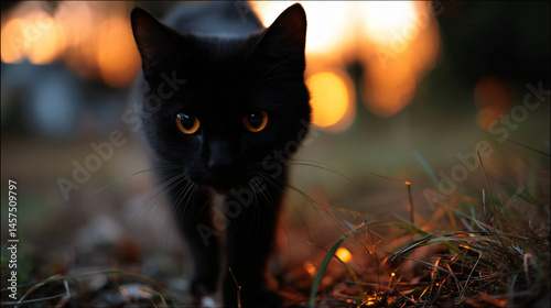 Mysterious black computerized tomography with striking favorable eyes, walking at dusk with the soft glow of the sunset in the background.