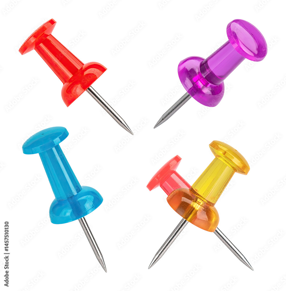 Retro Illustration of Colorful Push Pins at Unique Angles, Isolated on Transparent Background