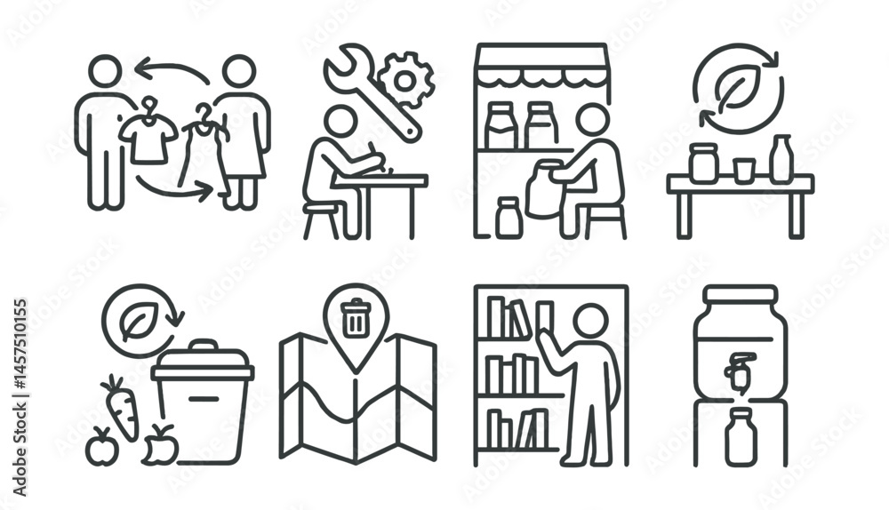 Line style icons of community zero-waste actions: swap event, fix-it zone, bulk hub, reuse table, compost point, zero-waste map, reuse library, refill station. Line style icons of community zero-waste actions: swap event, fix-it zone, bulk hub, reuse table, compost point, zero-waste map, reuse library, refill station.