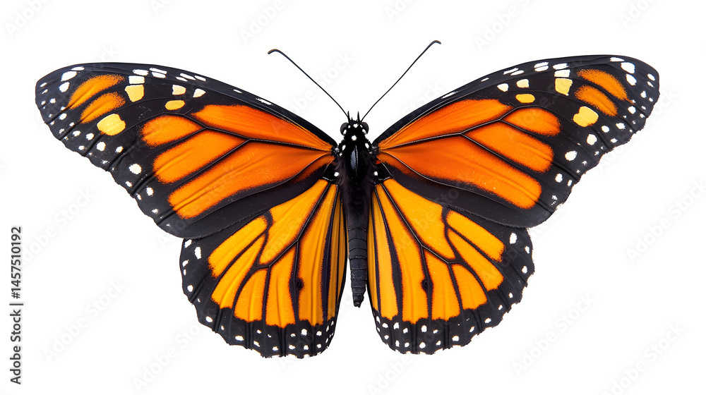 Obraz premium A detailed close-up of a vibrant monarch butterfly with orange and black wings, isolated on white background