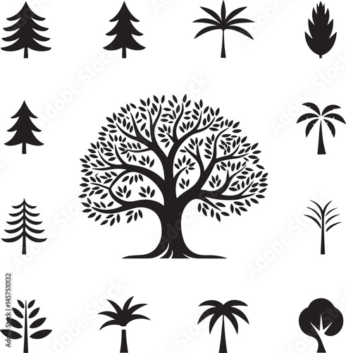 Various variant Tree silhouette set vector illustration isolated On Transparent Background