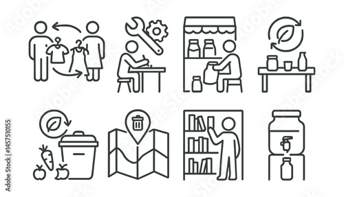 Line style icons of community zero-waste actions: swap event, fix-it zone, bulk hub, reuse table, compost point, zero-waste map, reuse library, refill station.