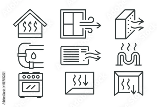 Line style icons of energy loss points: attic heat loss, window draft, poor insulation, leaking pipe, vent gap, heat bridge icon, old appliance, ceiling loss zone.