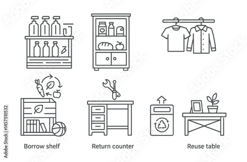 Line style icons of zero waste community hubs: refill corner, community cupboard, borrow shelf, clothes swap rack, compost hub, repair counter, return point, reuse table.